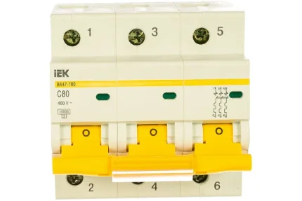 Фото для Автоматический 3-полюсной выключатель, IEK ВА47-100 80А, тип расцепления С, 10 кА