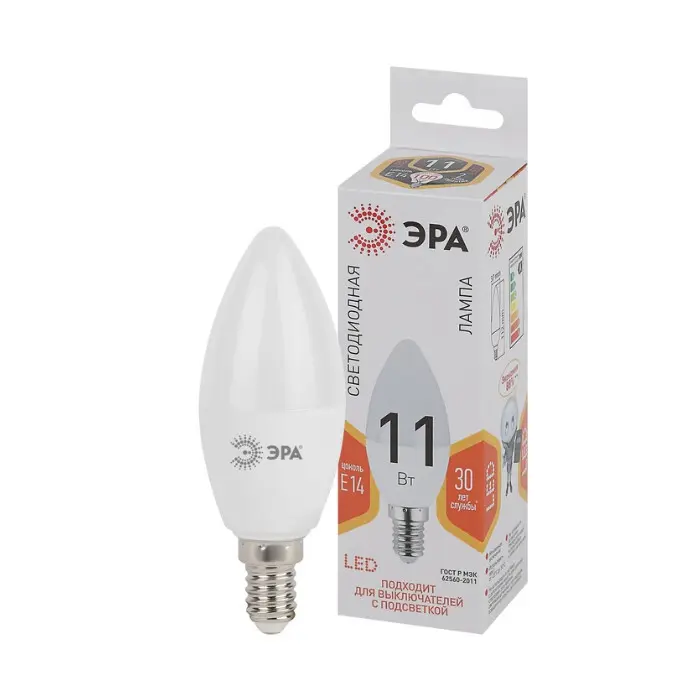 Лампа светодиодная ЭРА STD LED B35-11W-827-E14 E14 свеча 2700К