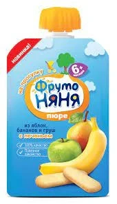 Фото для Пюре ФрутоНяня 90гр яблоко/банан/груша с печеньем дой пак*12