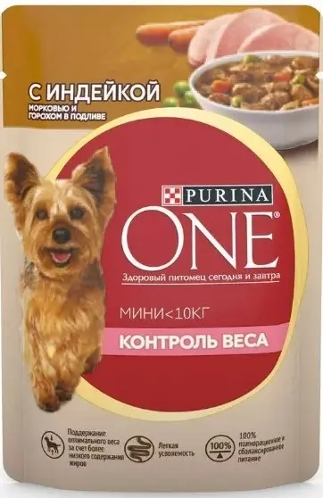 Purina ONE MINI м/п д/собак, контроль веса, с индейкой, морковью и горохом в подливе 85 гр