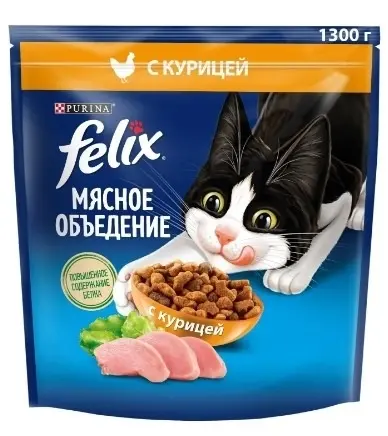 Felix Мясное объедение сухой корм для взрослых кошек, с курицей 1.3кг