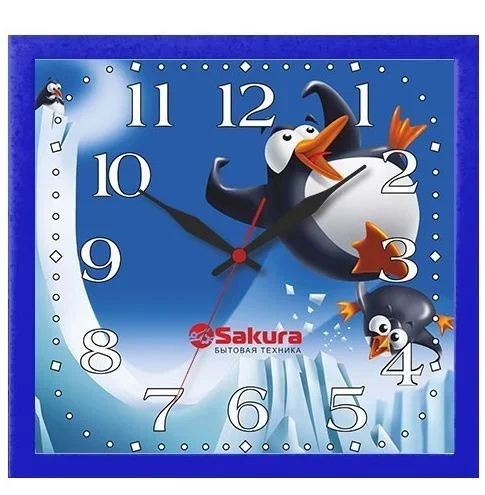 Часы настен.SAKURA ПЕ-А4.1 Веселые Пингвины/Гол.рамка (235*235*35,кварц)