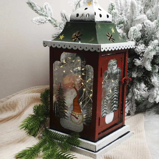 Фото для Фонарь декоративный с новогодним дизайном со стеклянными панелями красно-зеленый 35см