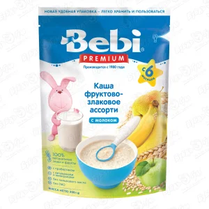 Каша Bebi PREMIUM молочная фруктово-злаковое ассорти с натуральныси злаками и фруктами 200г с 6мес БЗМЖ