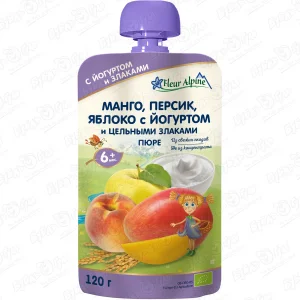Пюре Fleur Alpine манго-персик-яблоко-йогурт-цельные злаки 120г с 6мес БЗМЖ