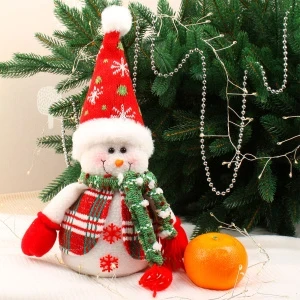 Фото для Фигурка декоративная Снеговик в красной шапке и зеленом шарфе текстиль 33см