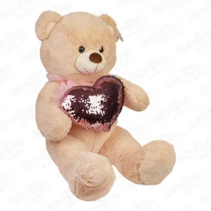 Игрушка мягкая медведь бежевый с розовым сердцем пайетками 50см