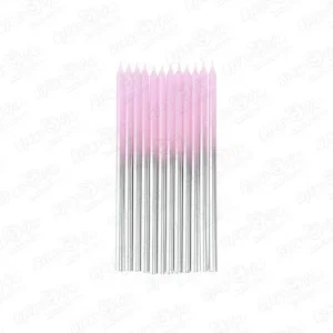 Свечи Металлик розово-серебряные с держателями 12шт 15см