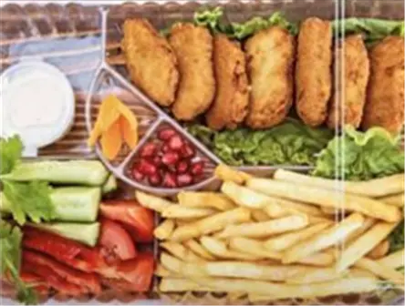 Комплексный обед. Обед с картофелем: картофельное пюре, нагетсы куриные, овощная палитра, кетчуп
