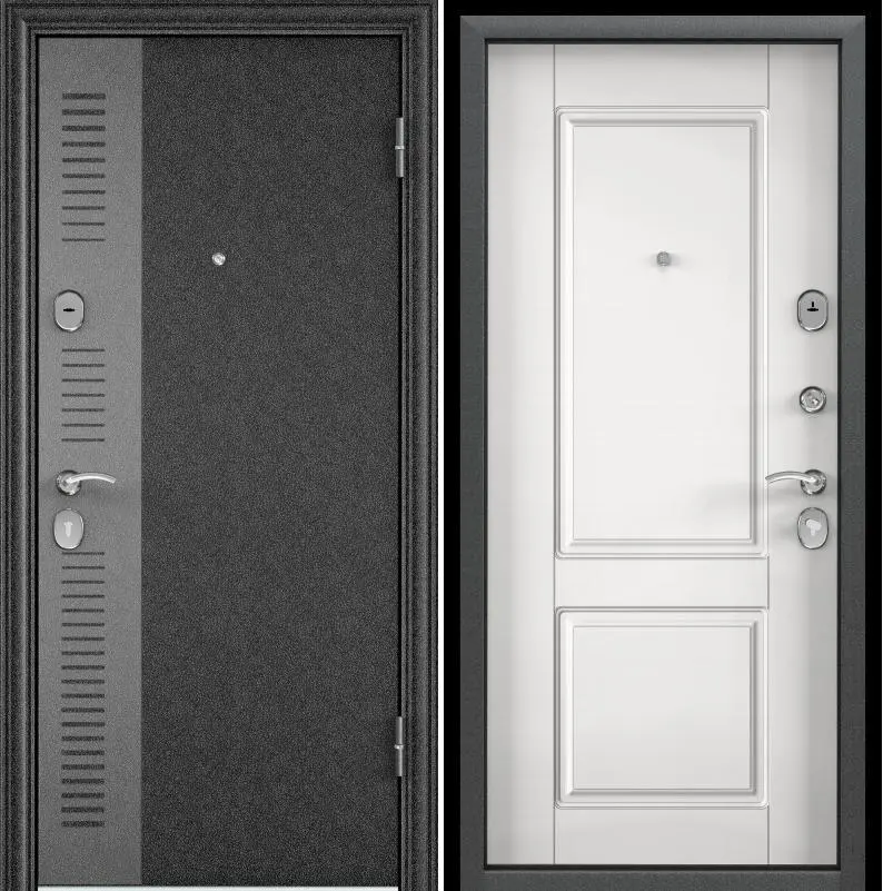 Дверь металлическая черный шелк SP-7G,правая,МДФ белый D15,фурн.хром,порог 860*2050*70(1,5мм) ТОРЭКС